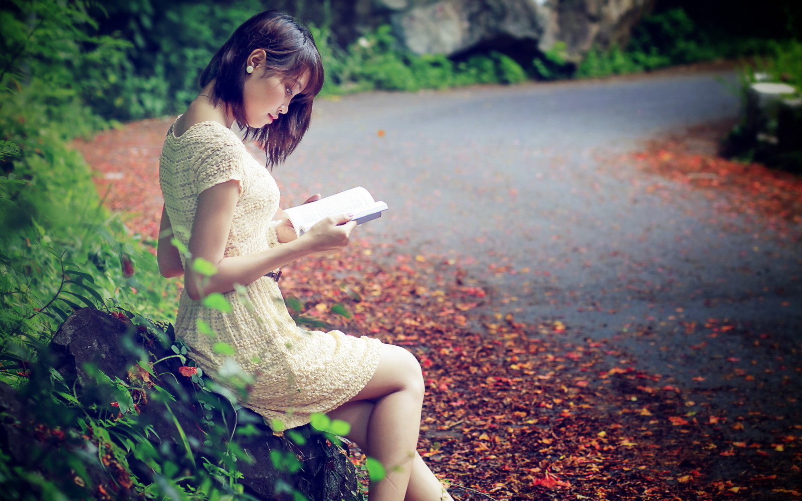 girl, road, book, asian