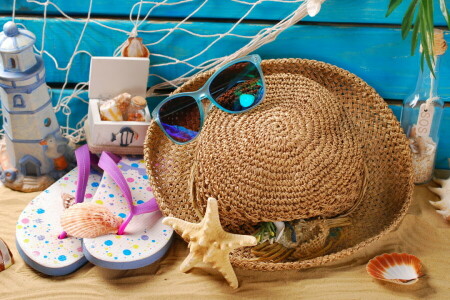 beach, glasses, hat, marine, sand, shell, stay, Still life