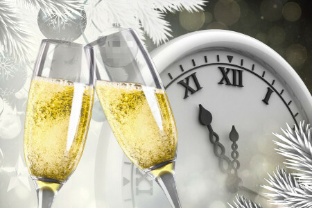 balls, branches, champagne, glare, glasses, holiday, Midnight, New Year