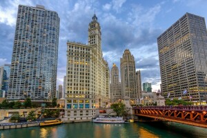 Híd, épület, Chicago, Cityfront Center, Illinois, sétány, folyó, hajó