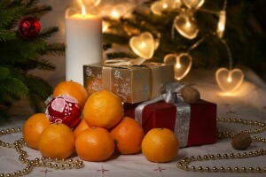 box, candle, gifts, holiday, spruce, tangerines, toys