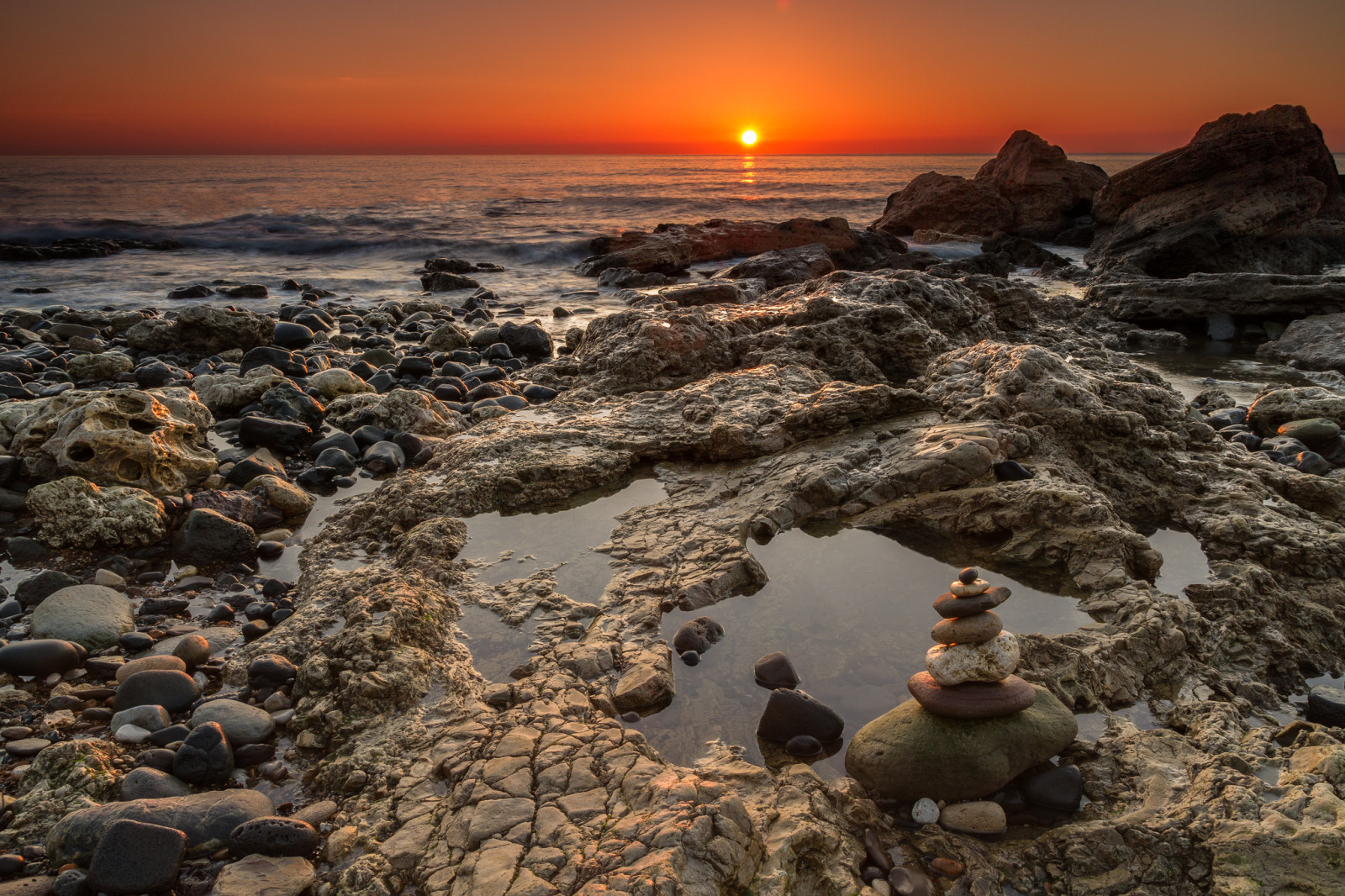 pláž, kamene, Oceán, svitania, Anglicko, slnko, horizont, Seaham