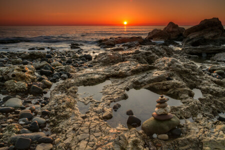 Strand, Chemischer Strand, Dämmerung, England, Horizont, Seaham, Steine, Der Ozean