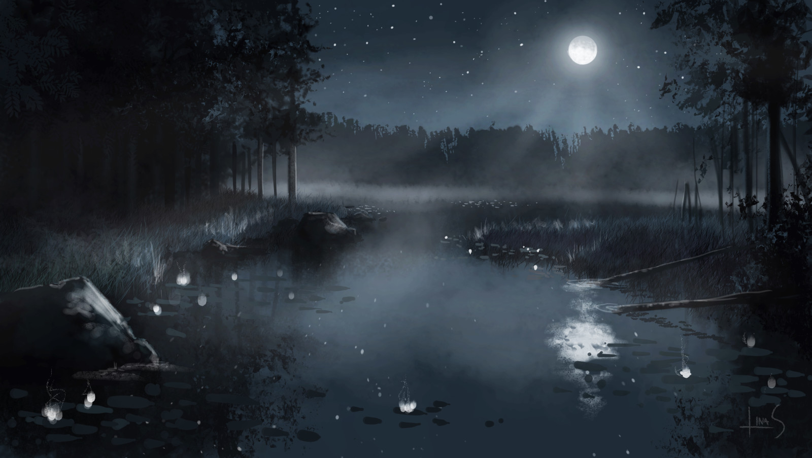 forest, nature, the sky, lake, landscape, trees, art, night