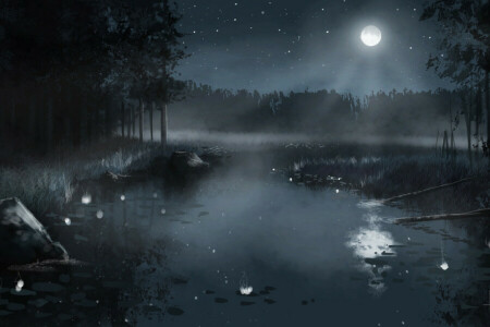 art, figure, fog, forest, lake, landscape, nature, night