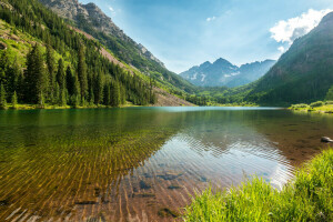 Colorado, forêt, Lac, Maroon Bells, montagnes, des pierres, le fond, transparent