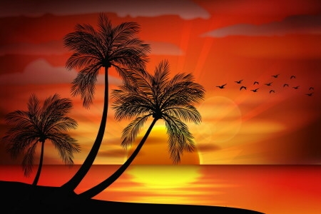 island, palm trees, palms, Paradise, sea, sunset, tropical, Vector