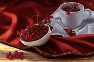 art, berries, bowl, currants, mug, napkin, red