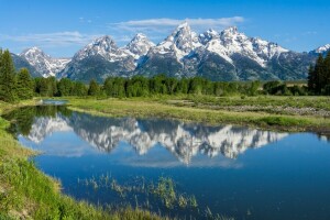 montagnes, réflexion, rivière, Snake River, La rivière Snake, des arbres, Wyoming