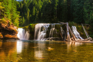 forest, lake, reflection, river, trees, USA, Washington, waterfall