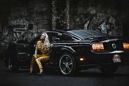 blonde, Ford, girl, Mustang