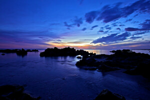 lago, piedras, puesta de sol, crepúsculo