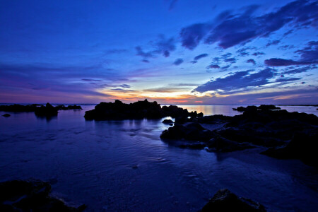 lake, stones, sunset, twilight