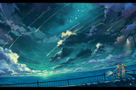 anime, art, bike, clouds, girl, guy, haraguroi you, landscape