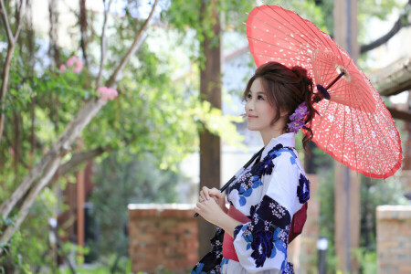 asiatique, fille, été, parapluie