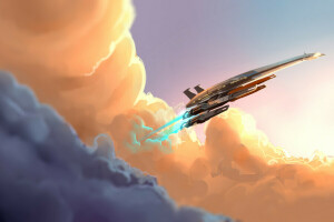 art, clouds, Fiction, Mass Effect, normandy