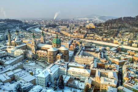 Austria, ceață, munţi, panoramă, râu, Salzburg, zăpadă, iarnă