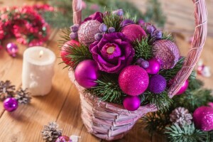 basket, bumps, candle, candy, decor, flowers, spruce, toys