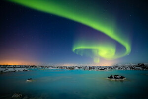 Aurora, sø, nat, Nordlys, stjerner, himlen