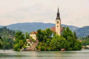 Bled, boats, Church, forest, greens, island, ladder, lake