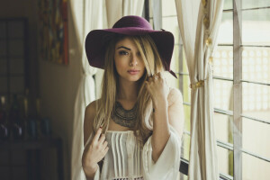 blonde, girl, hat, piercing, room, window