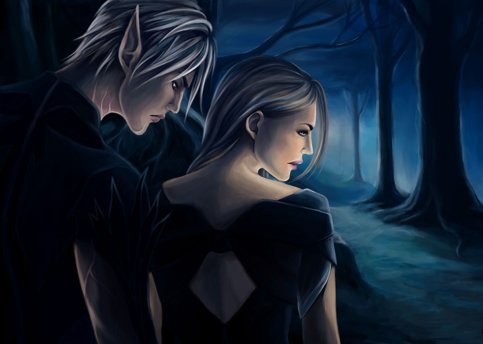 forest, girl, Elf, Fan Art, guy, Dragon Age, Hawke, fenris