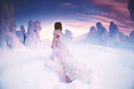 dress, girl, Lichon, snow