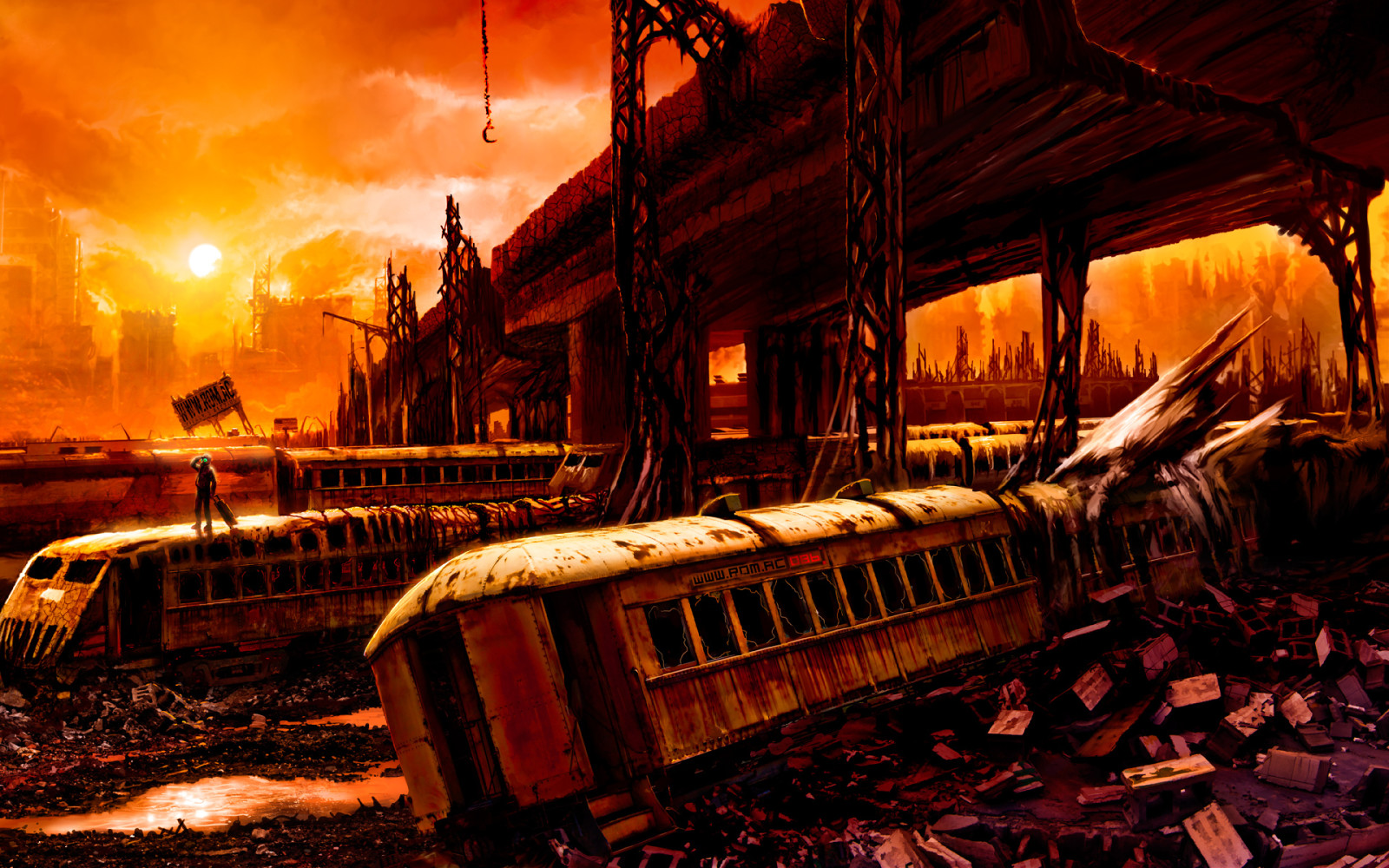 Pont, ruines, apocalypse, train, la voiture, Romantiquement apocalyptique