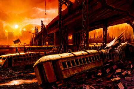 apocalypse, Pont, Romantiquement apocalyptique, ruines, la voiture, train