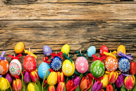 colorful, Easter, eggs, flowers, happy, holiday, spring, tulips