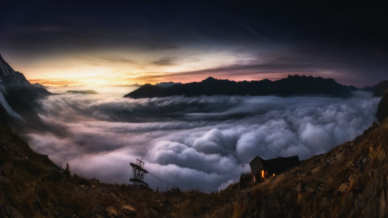 Haus, Dämmerung, Senke, Felsen, Nebel, dicht