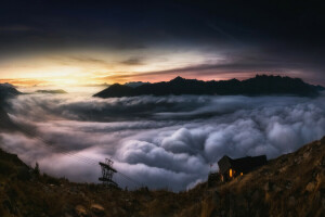 Aube, dense, brouillard, maison, rochers, vallée