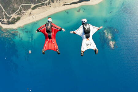 plajă, barcă, aparat foto, cască, Paraşuta, piloţii, wingsuit