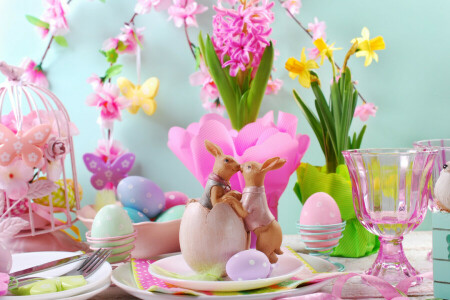 decoración, Pascua de Resurrección, huevos, flores, contento, primavera