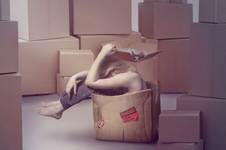 box, cardboard, cat, fragile, girl, moving, sadness