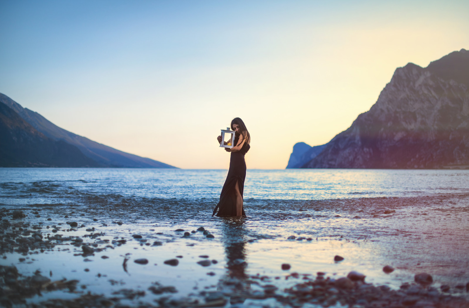 the sky, girl, sunset, Bay, reflection, beach, mountains, hair