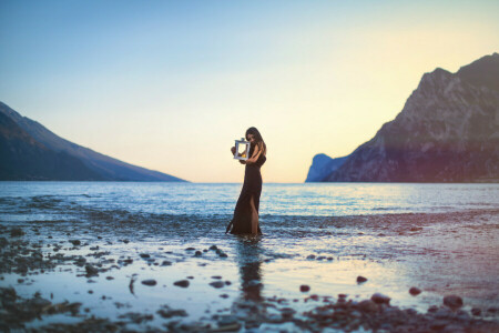 Bay, beach, black dress, girl, hair, lamp, mountains, reflection