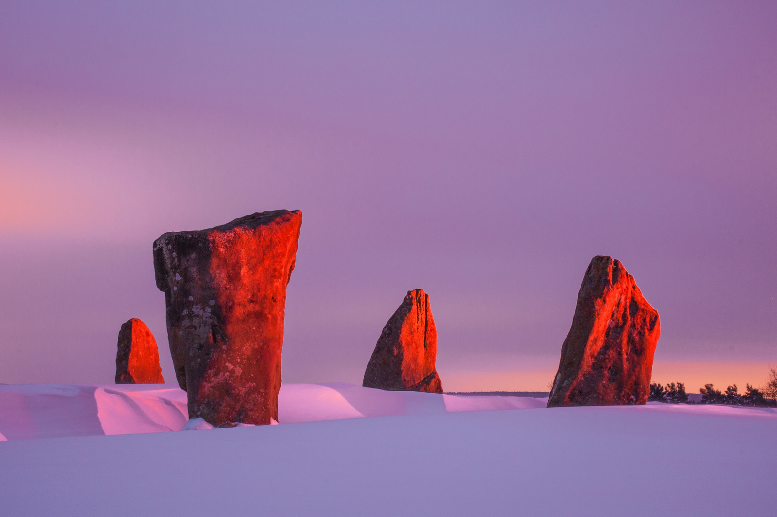 nieve, el cielo, puesta de sol, invierno, piedras, megalitos