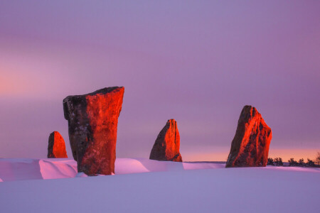 mégalithes, neige, des pierres, le coucher du soleil, Le ciel, hiver