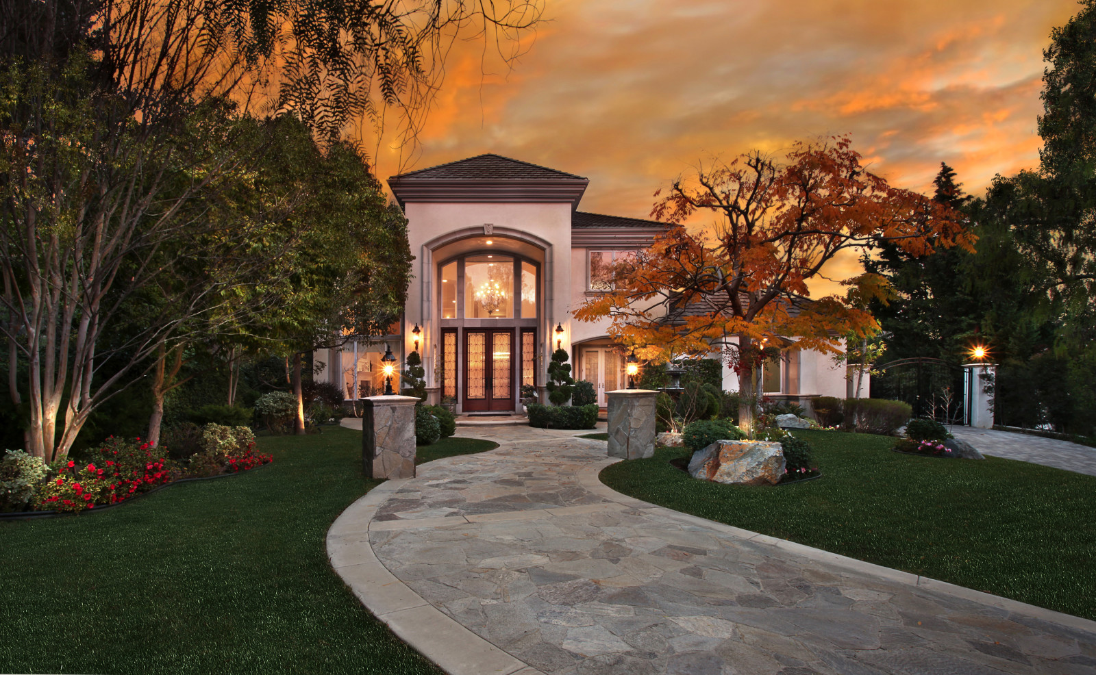 grass, house, trees, lights, flowers, night, USA, lawn