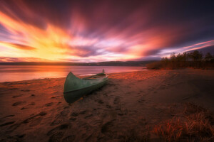 playa, canoa, Noruega, puesta de sol