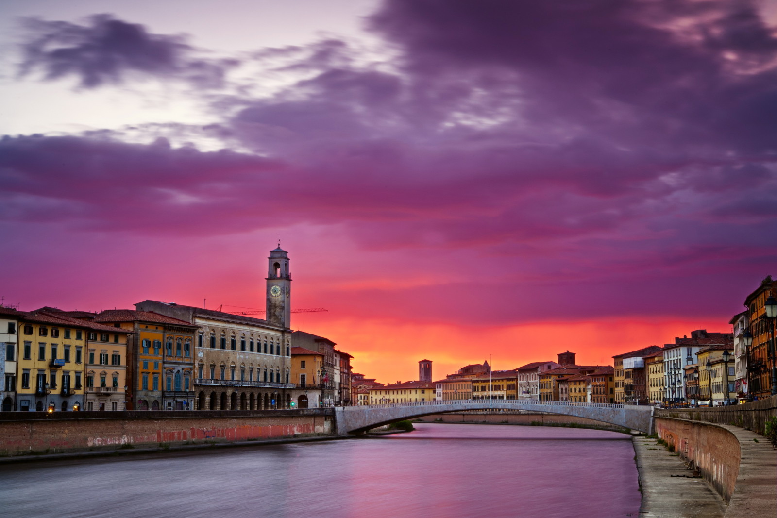 río, puesta de sol, hogar, Italia, Puente, Pisa, toscana