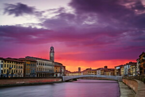 Bro, hjem, Italien, Pisa, flod, solnedgang, toscana