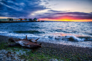 skyer, Mori, mole, skib, solnedgang, surf, himlen