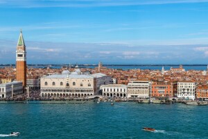 barcos, construção, canal, Palácio Ducal, Canal Grande, Itália, Palácio, panorama