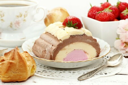 berries, cake, cakes, Cup, dessert, ice cream, profiteroles, spoon