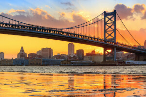 Γέφυρα Μπέντζαμιν Φράνκλιν, Γέφυρα, Delaware River, PA, πανόραμα, Πενσυλβανία, Φιλαδέλφεια, ποτάμι