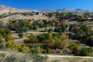 otoño, colinas, hogar, montañas, la carretera, el cielo, arboles