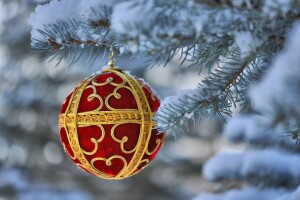 ball, branch, Christmas, holiday, snow, toy, tree, winter