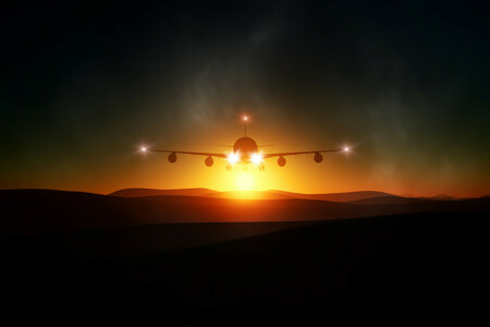 flight, landscape, light, mountains, sunset, the plane